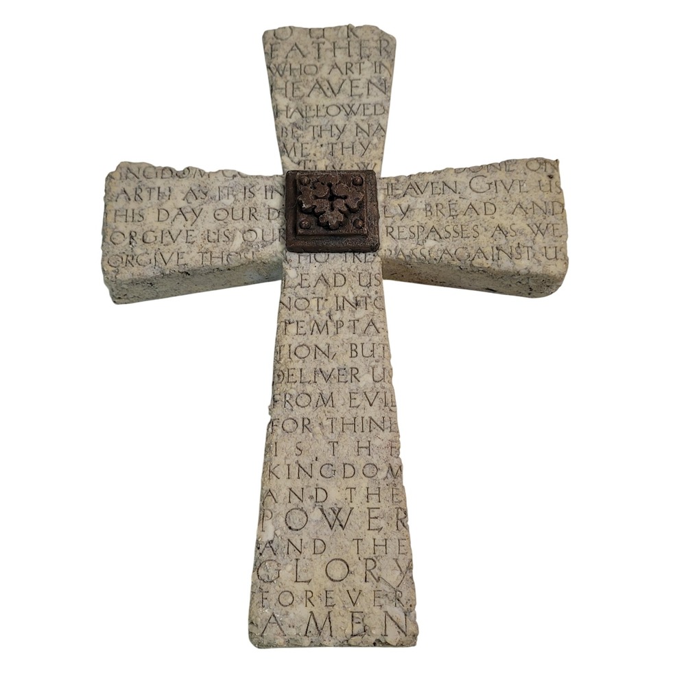 Vintage Lords Prayer Wall Cross 9.5in Faux Stone Religious Decor Beige Bronze